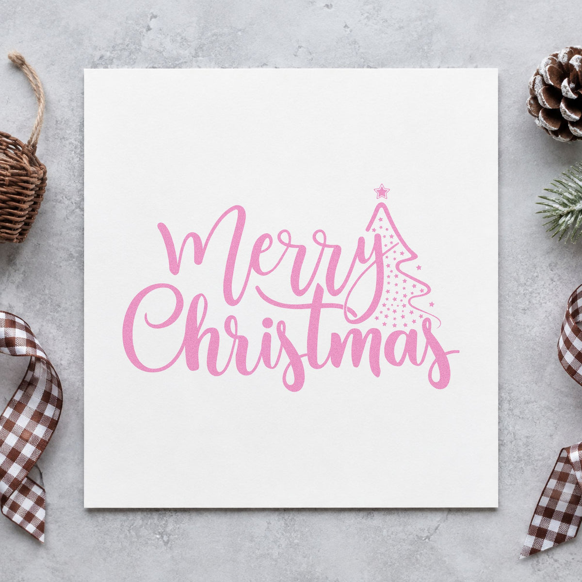 Merry Christmas With Tree craft stamp in purple ink on cardstock, an easy option for side column album.