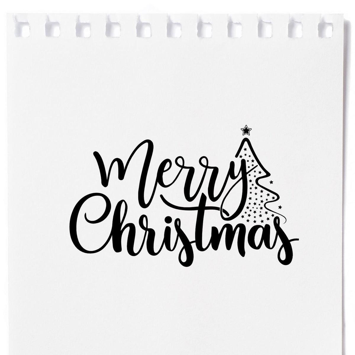Black Merry Christmas stamp seal design with script lettering and star-studded Christmas tree on white paper.