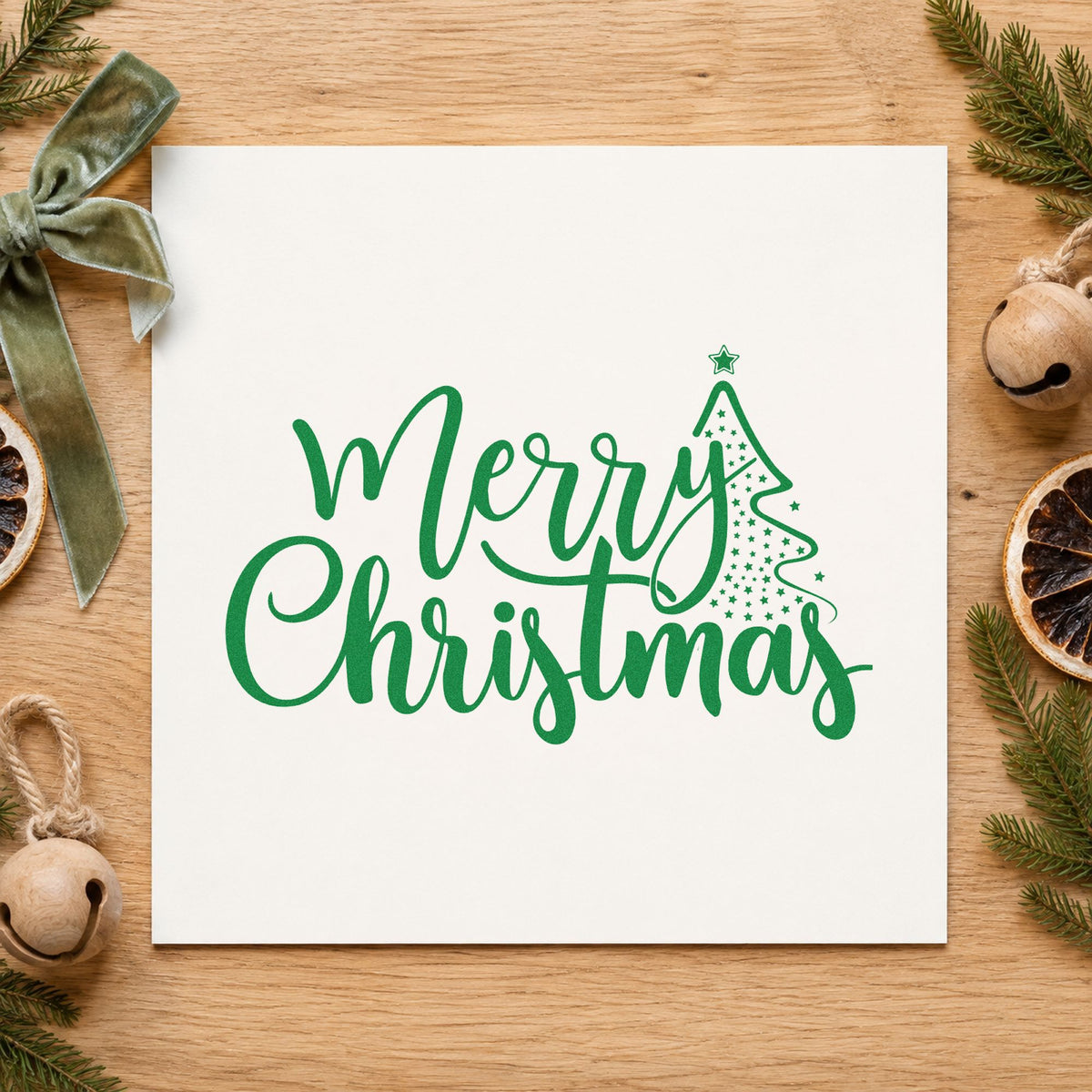 Merry Christmas With Tree craft stamp imprint in green ink on a handmade project, one idea being narrow gift tags.
