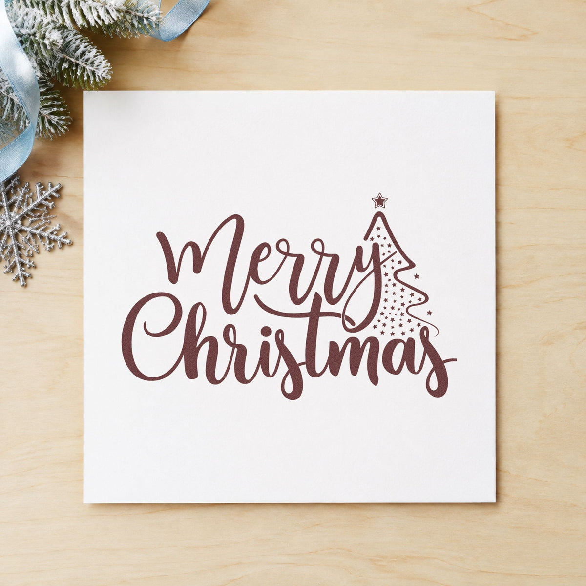 Merry Christmas With Tree rubber stamp printed in brown ink, ready for margin accent planner and similar paper crafts.