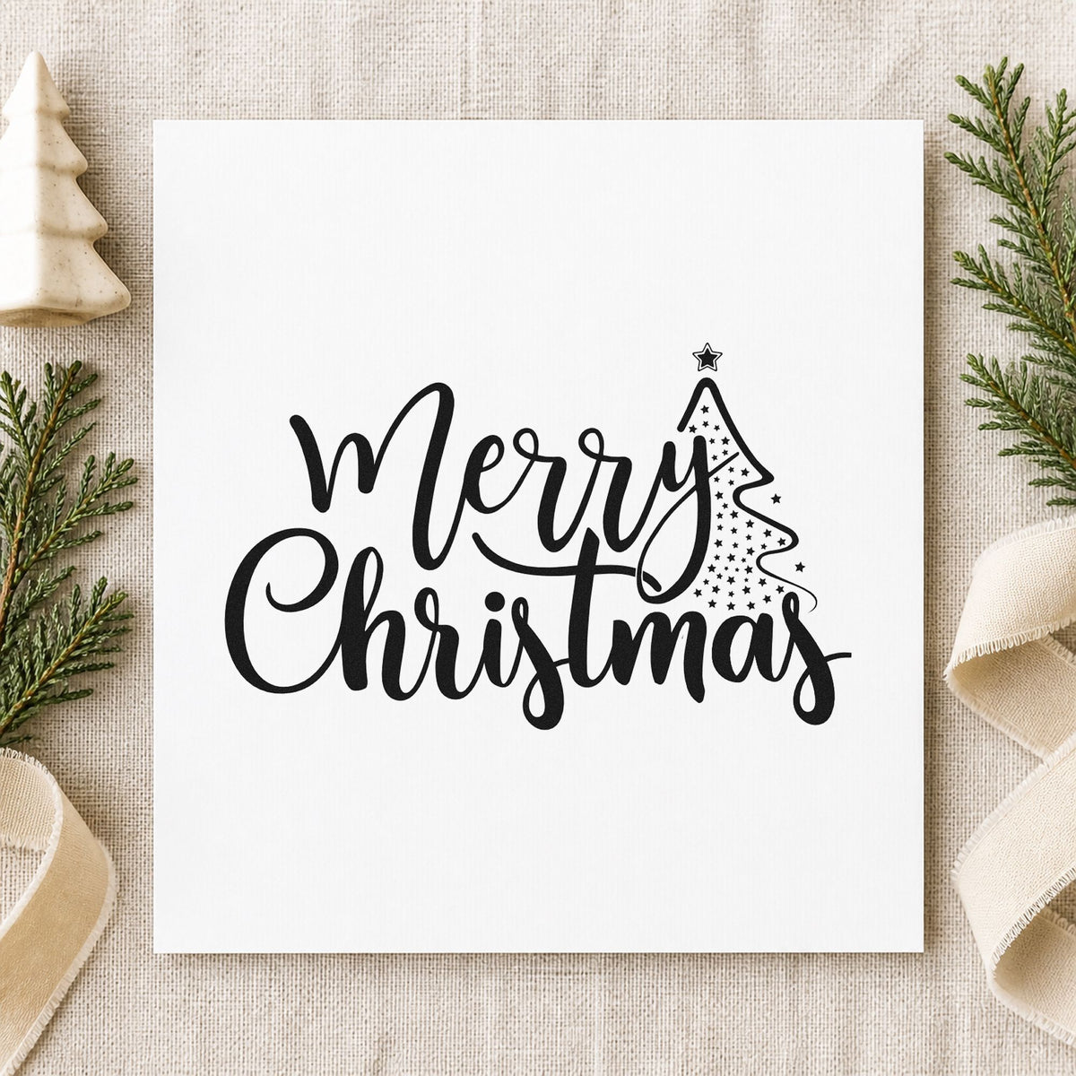 Merry Christmas With Tree rubber stamp printed in black ink, ready for slim tree cards and similar paper crafts.