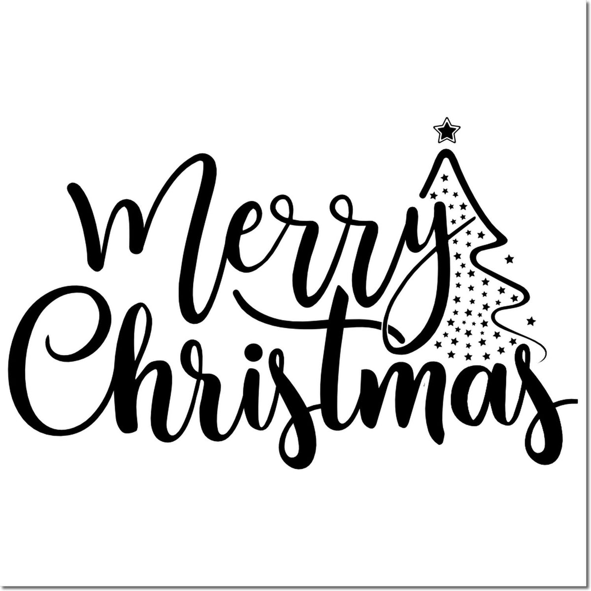 Black Merry Christmas stamp design with script lettering and star-filled tree accent on white background.