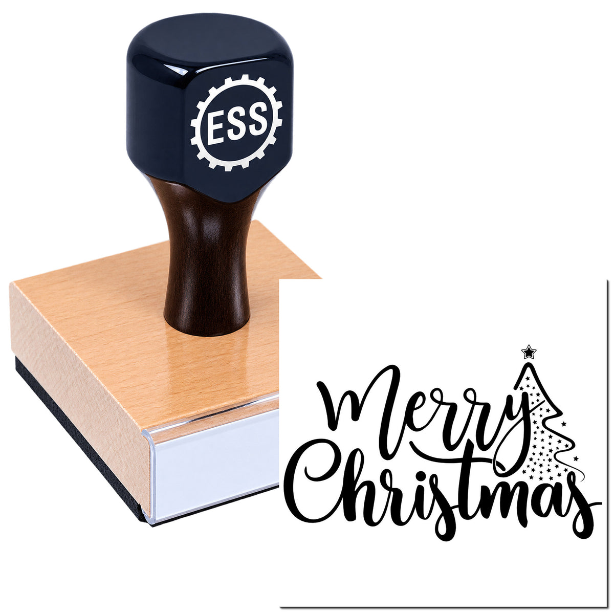 Black ESS stamp and seal set on pink base, featuring a Merry Christmas seal with tree accent.
