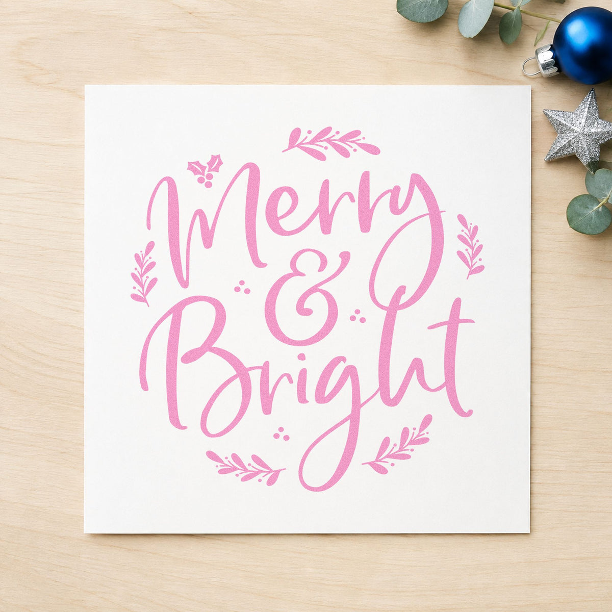 Merry And Bright Botanical craft stamp in purple ink on cardstock, an easy option for suite sample album.