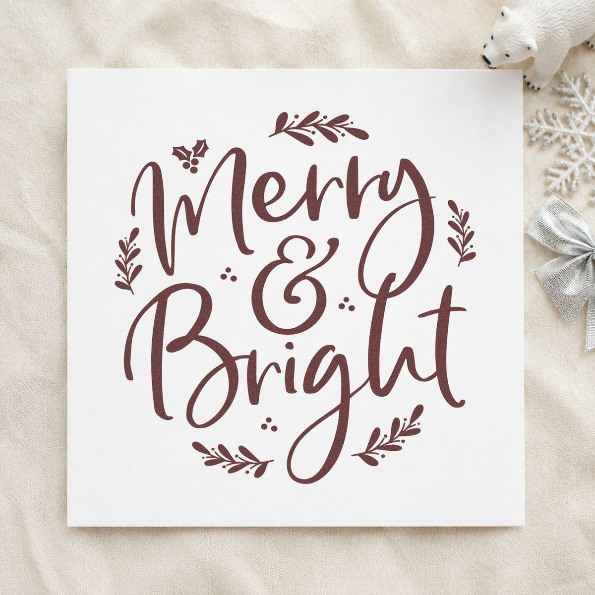 Merry And Bright Botanical rubber stamp printed in brown ink, ready for letter sheet header and similar paper crafts.