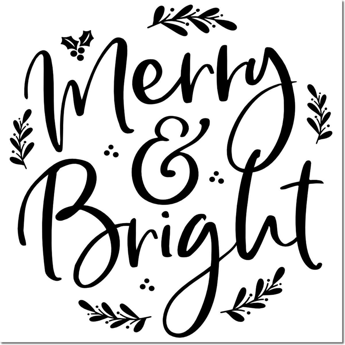 Black Merry & Bright holiday stamp and seal design with festive leaves and berries on a white background.
