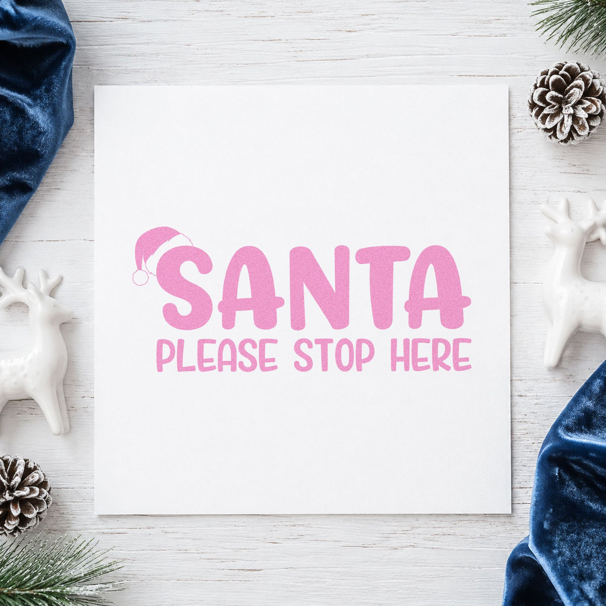 Santa Please Stop Here craft stamp in purple ink on cardstock, an easy option for christmas eve album.