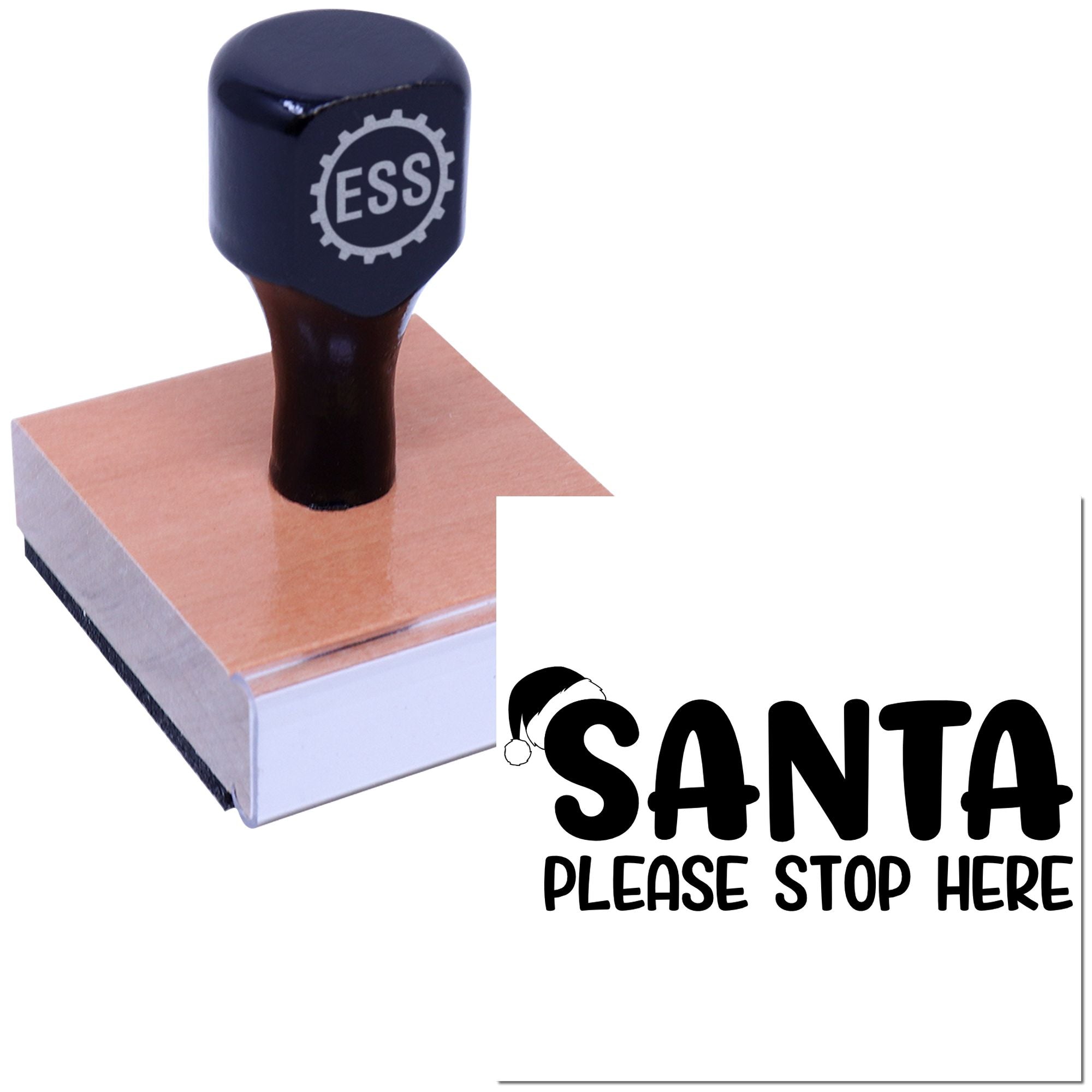 Black ESS stamp and seal on a copper-toned base beside a Santa seal reading Please Stop Here