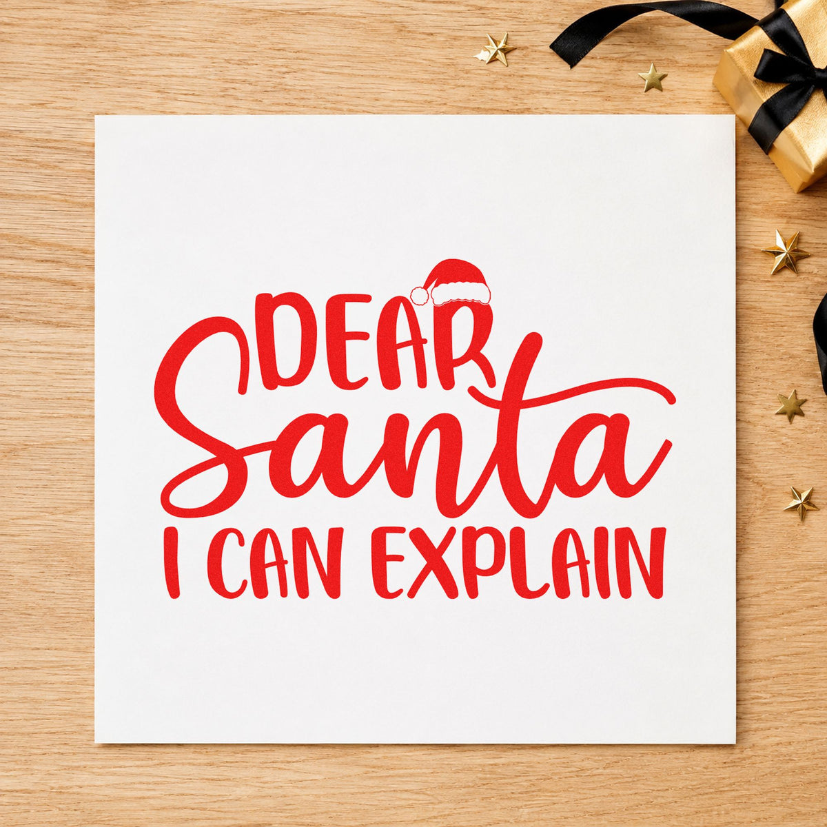Dear Santa I Can Explain rubber stamp shown in red ink, stamped for projects such as laundry bag labels.