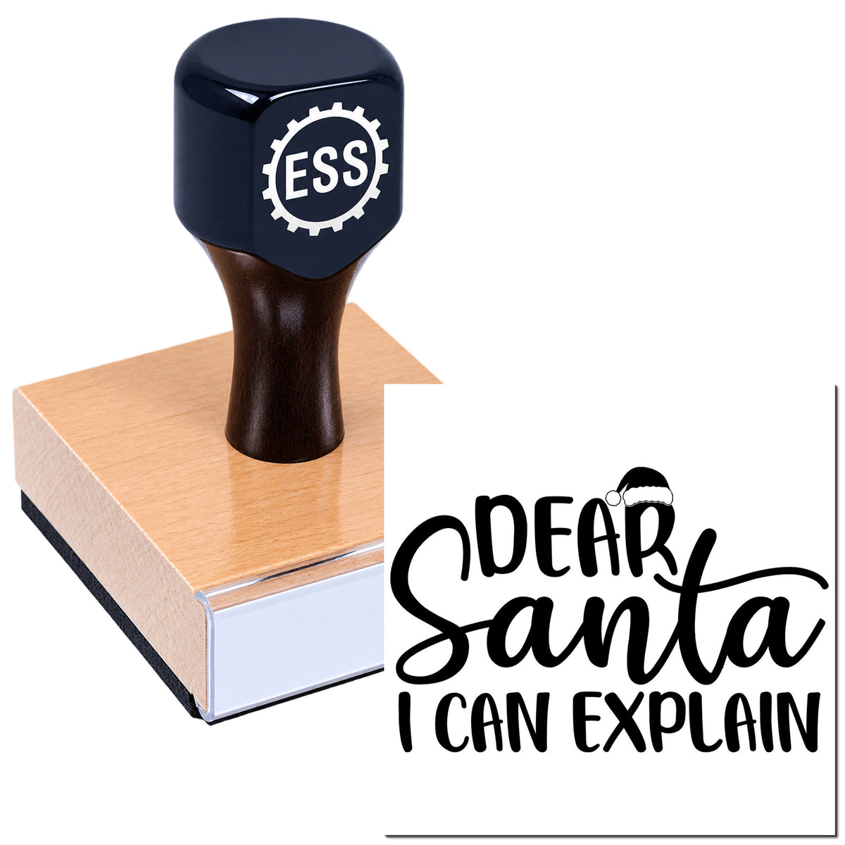 Navy ESS custom stamp and seal on a wooden block beside black "Dear Santa I Can Explain" text with a Santa hat