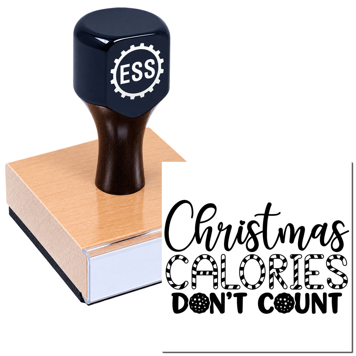 Dark blue ESSL stamp on a brown wooden base with Christmas Calories Don't Count seal text.