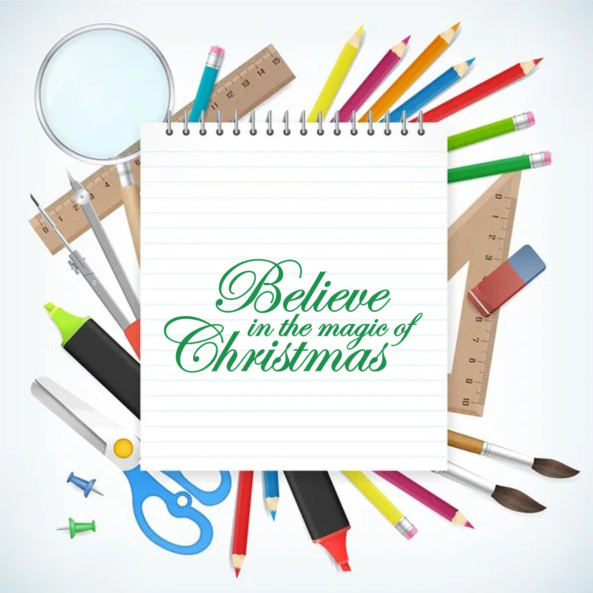 Christmas stamp seal design with green script on lined notepad, surrounded by colorful pencils, rulers, and tools.