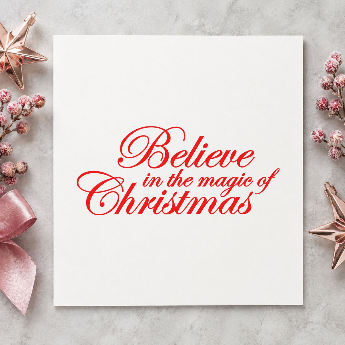 Believe Magic Of Christmas Script craft stamp in red ink on cardstock, an easy option for veil trim printing.