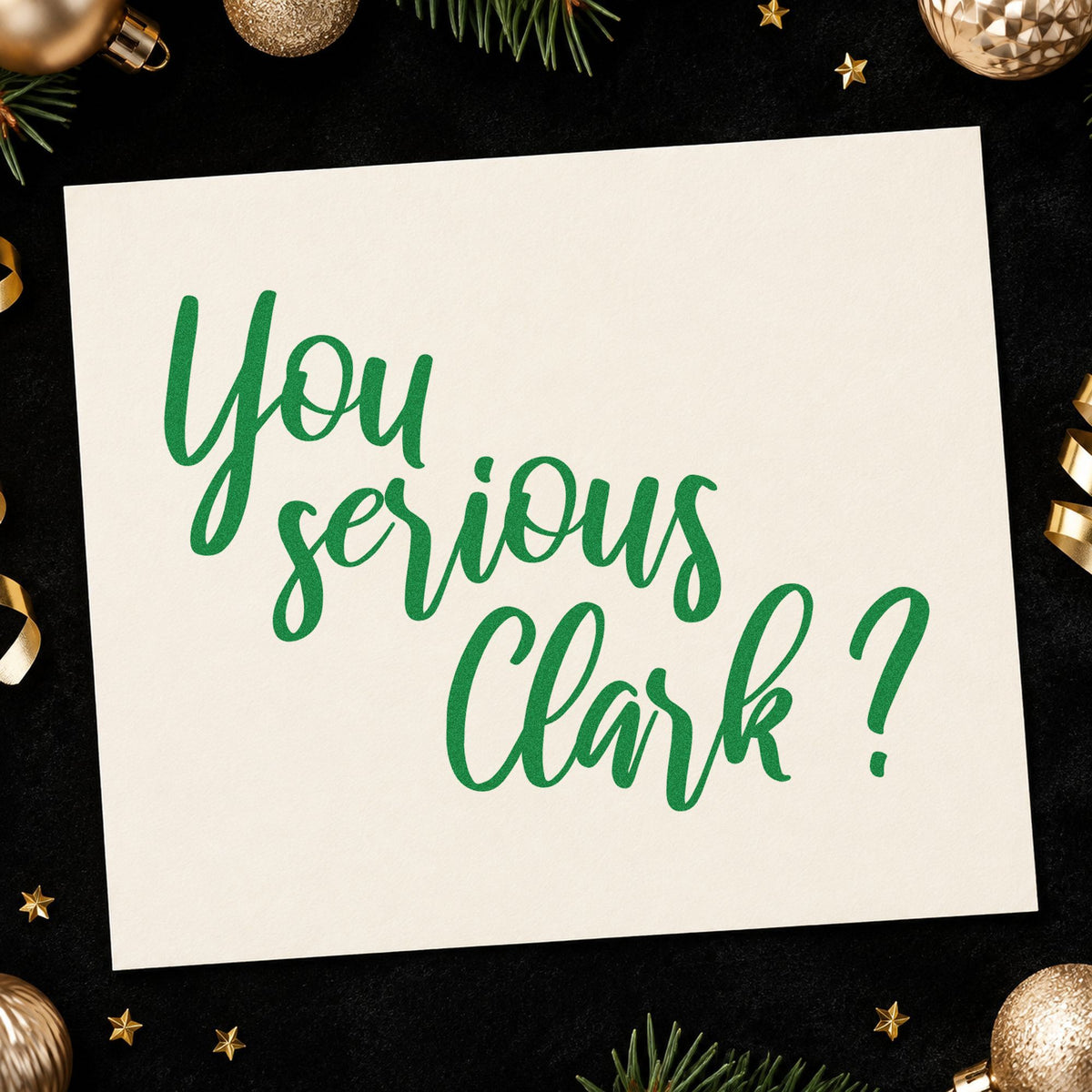 You Serious Clark Script craft stamp imprint in green ink on a handmade project, one idea being decal sheet tags.