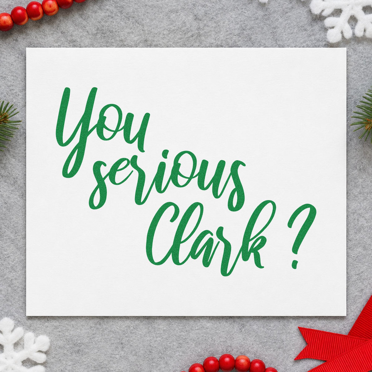 You Serious Clark Script craft stamp imprint in green ink on a handmade project, one idea being shop sample boards.