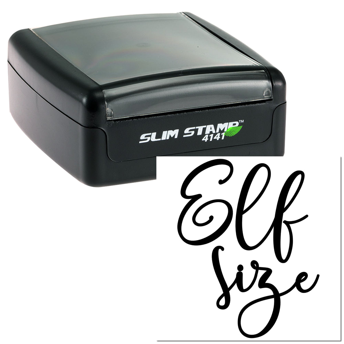 Black self-inking stamp and seal with clear top, showing cursive Elf size imprint on white background.