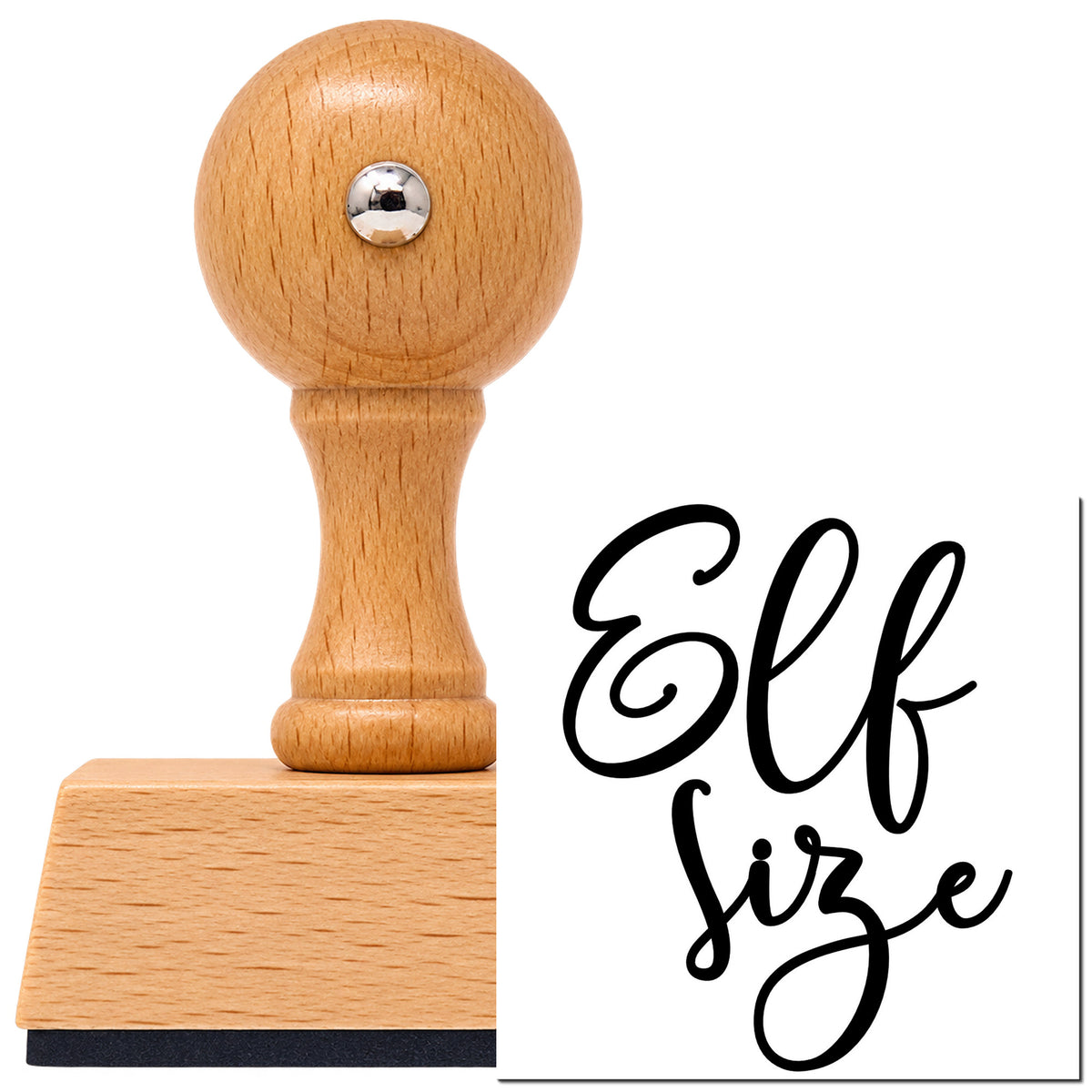 Vintage Pro beech wood stamp with a round knob handle, shown with its black Elf Size imprint on white.