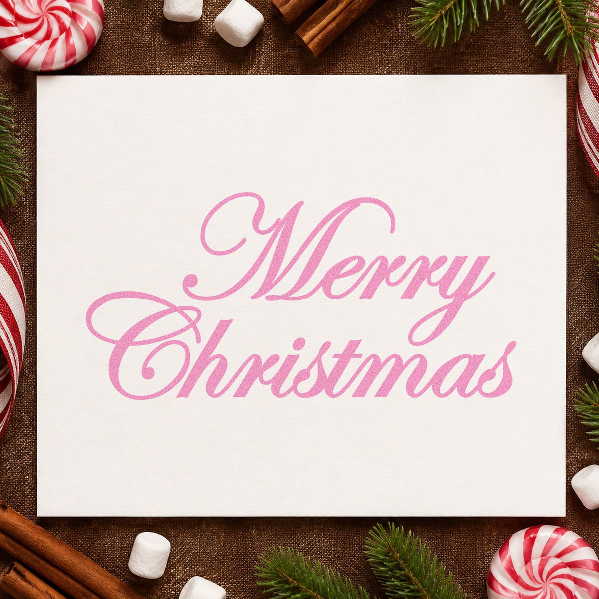 Merry Christmas Elegant Script craft stamp in purple ink on cardstock, an easy option for lettering album page.
