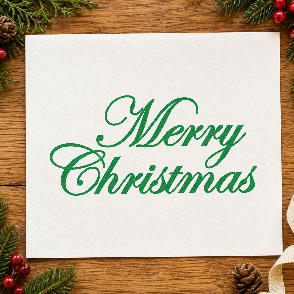 Merry Christmas Elegant Script craft stamp imprint in green ink on a handmade project, one idea being practice sheet tags.
