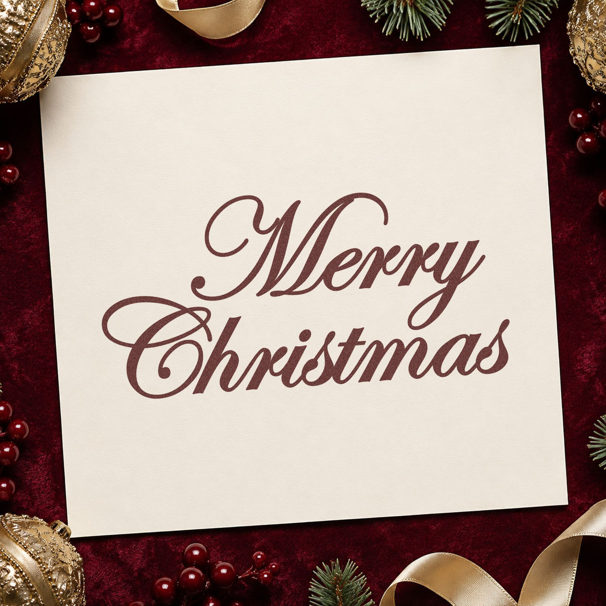 Merry Christmas Elegant Script rubber stamp printed in brown ink, ready for stroke drill header and similar paper crafts.