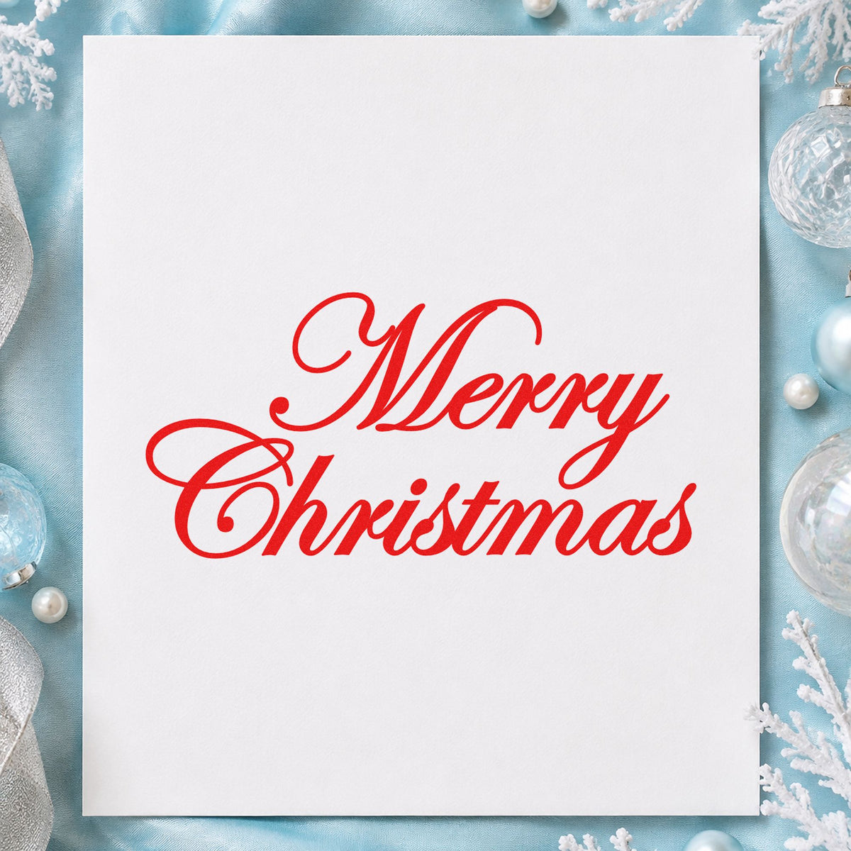 Merry Christmas Elegant Script craft stamp in red ink on cardstock, an easy option for apron pocket printing.