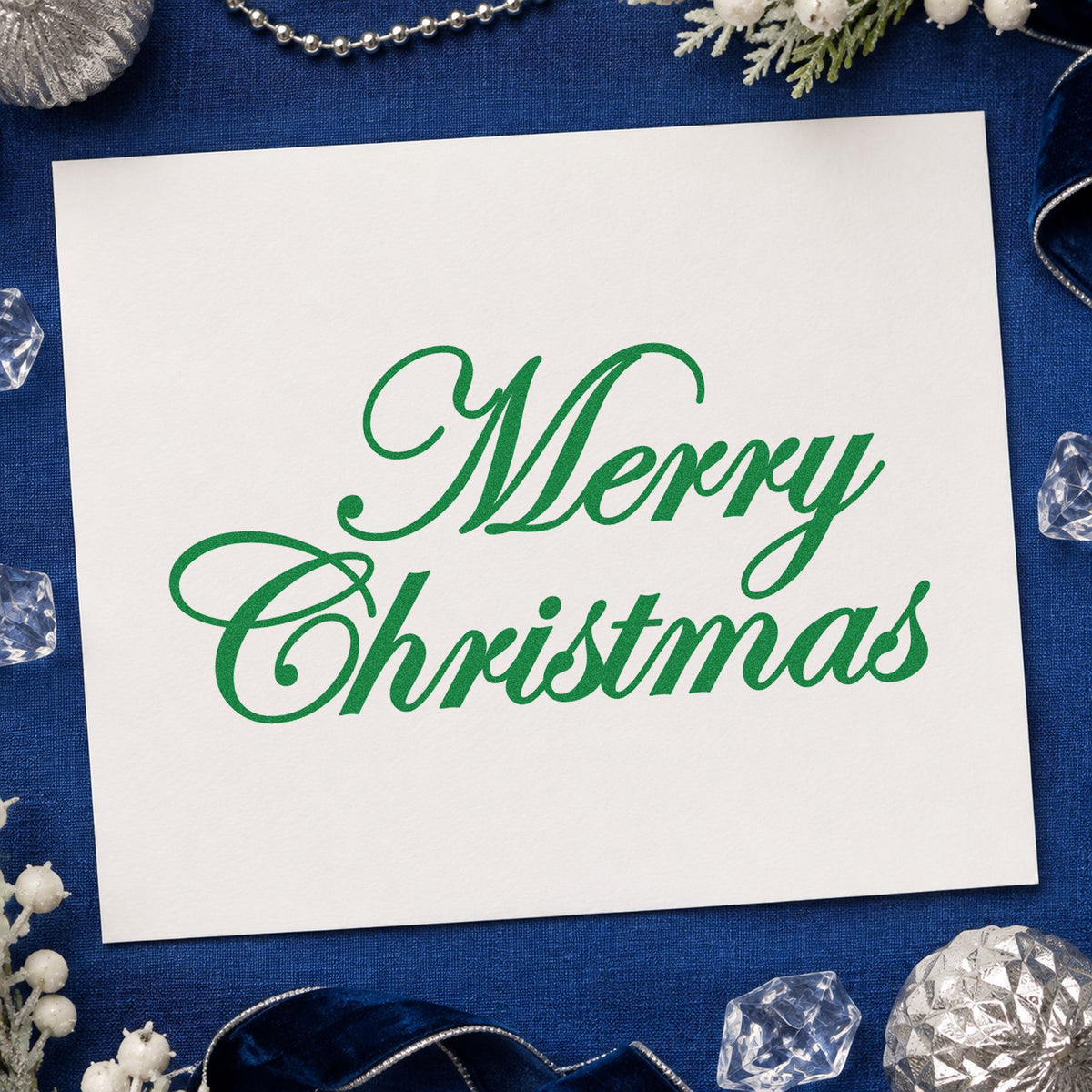 Merry Christmas Elegant Script craft stamp imprinted in green ink on paper, a design suited to framed calligraphy wall.