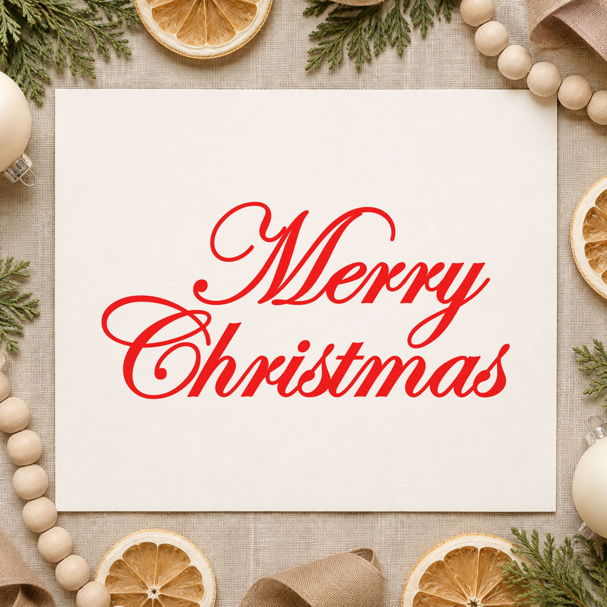 Merry Christmas Elegant Script rubber stamp shown in red ink, stamped for projects such as nib case labels.