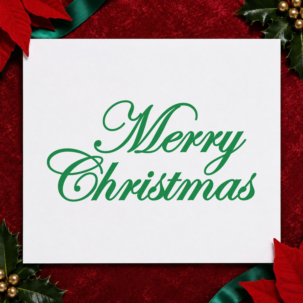Merry Christmas Elegant Script craft stamp imprint in green ink on a handmade project, one idea being class handout sheets.