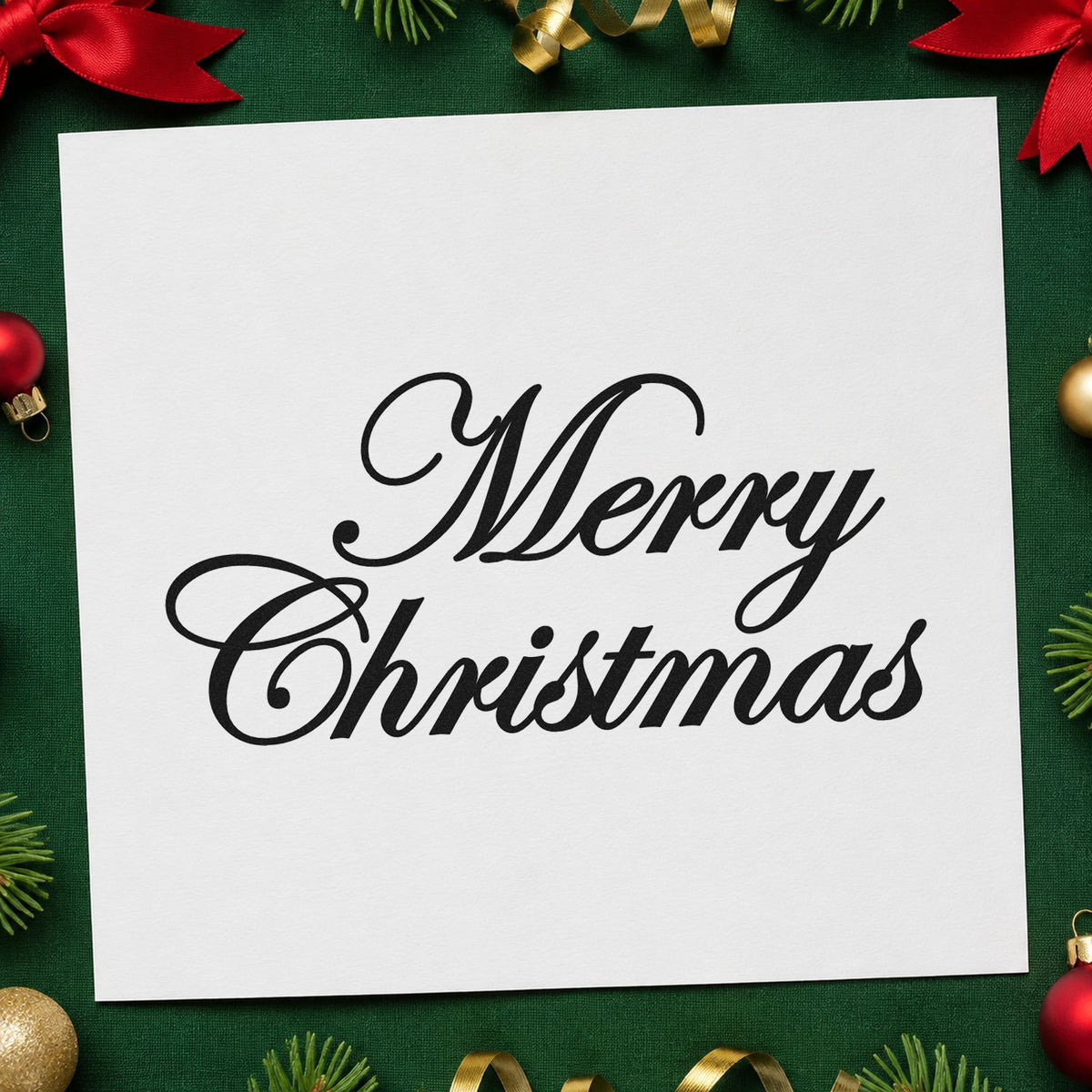 Merry Christmas Elegant Script rubber stamp printed in black ink, ready for two row script cards and similar paper crafts.