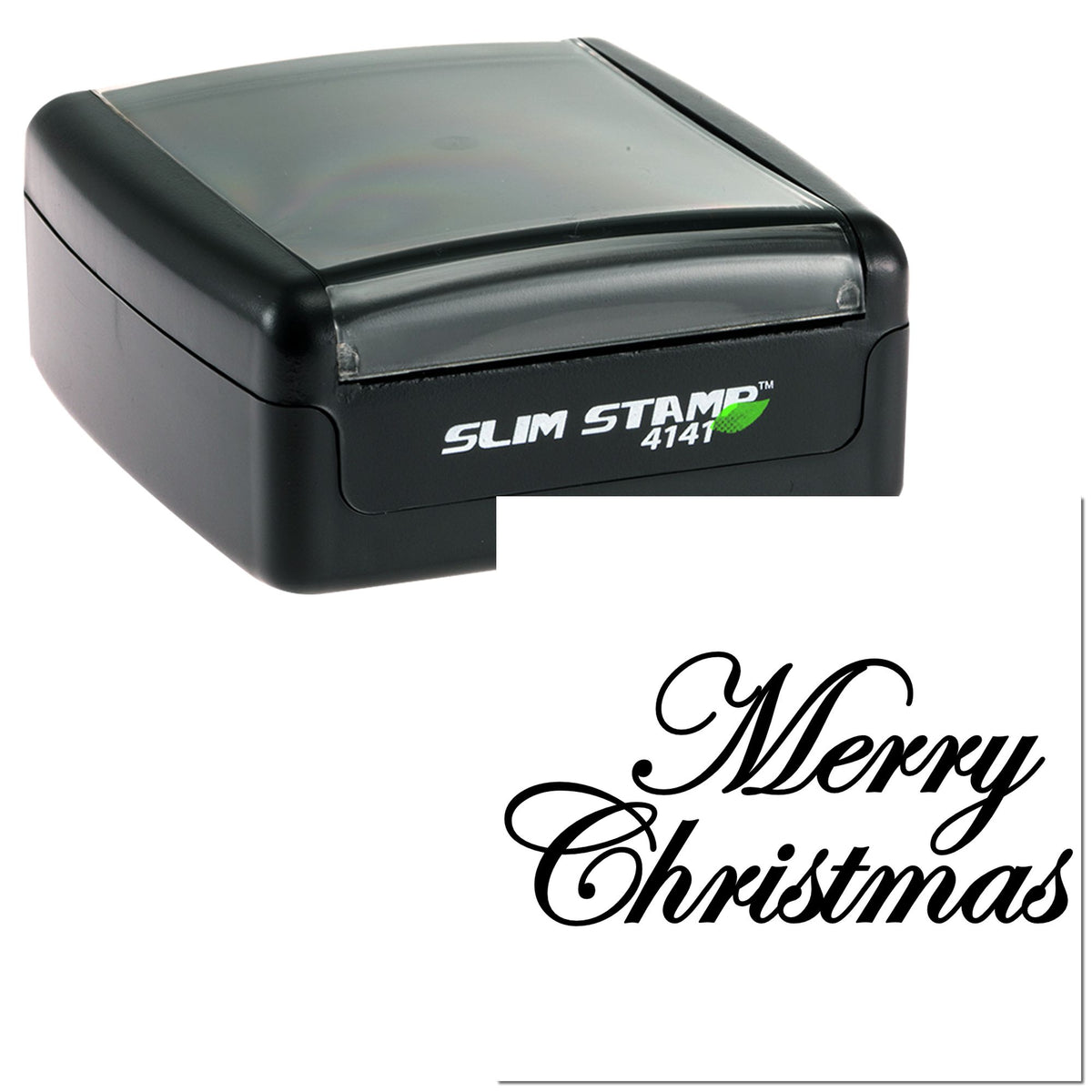 Black Slim Stamp 4141 self-inking stamp with Merry Christmas script seal design on white background.
