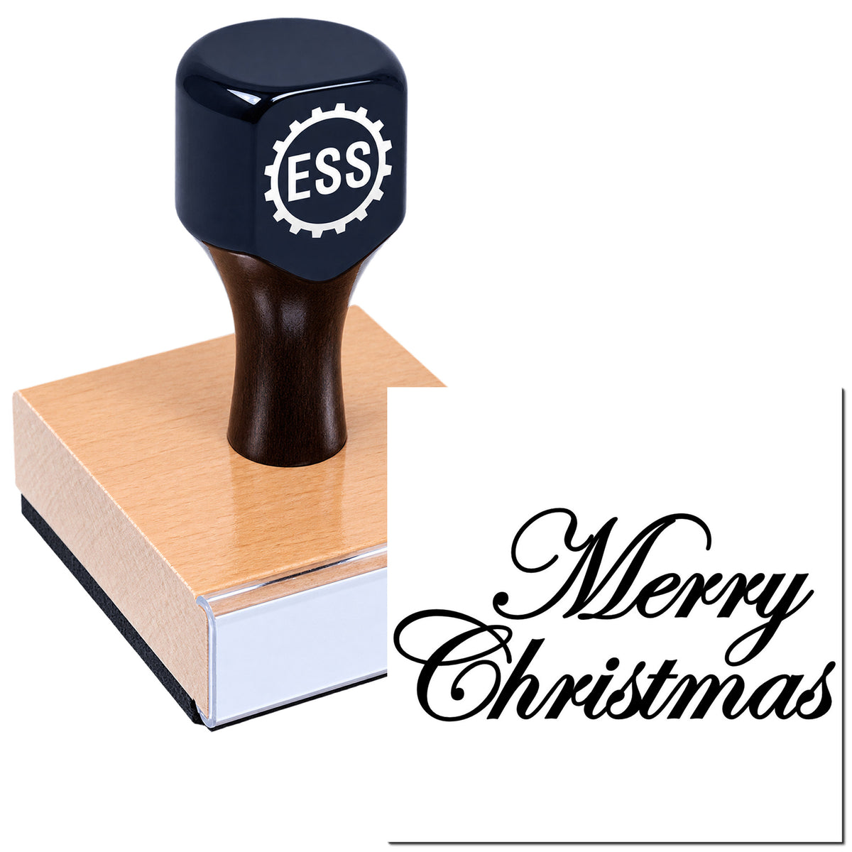 Black ESS rubber stamp on a wood block beside a white Merry Christmas seal with elegant black script.