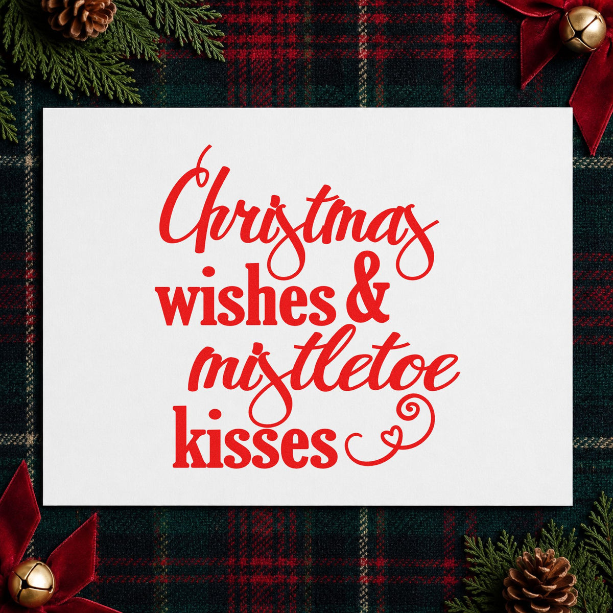 Christmas Wishes Mistletoe Kisses craft stamp in red ink on cardstock, an easy option for duvet corner printing.