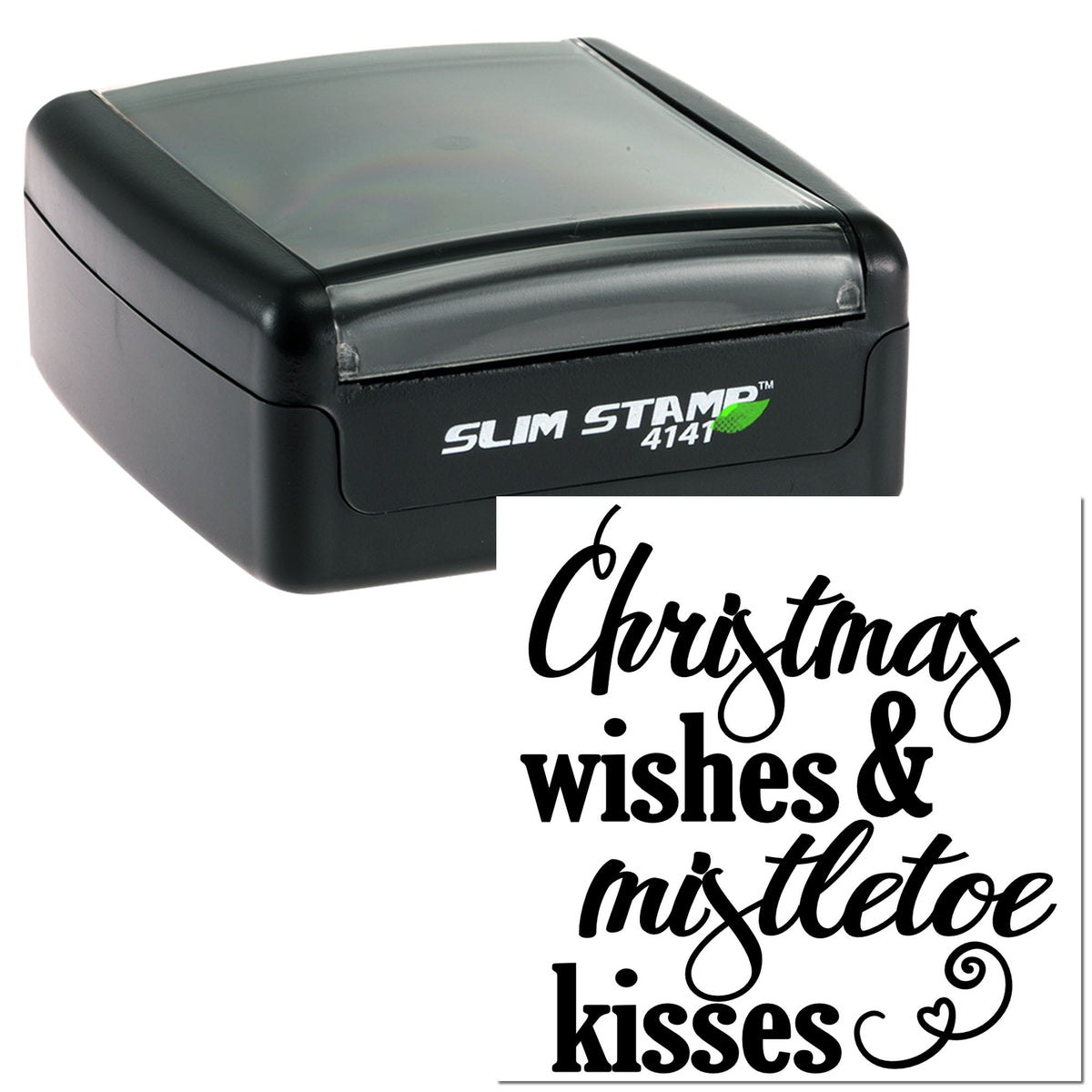 Black Slim Stamp self-inking seal with clear cover, showing a festive Christmas wishes & mistletoe kisses black imprint.
