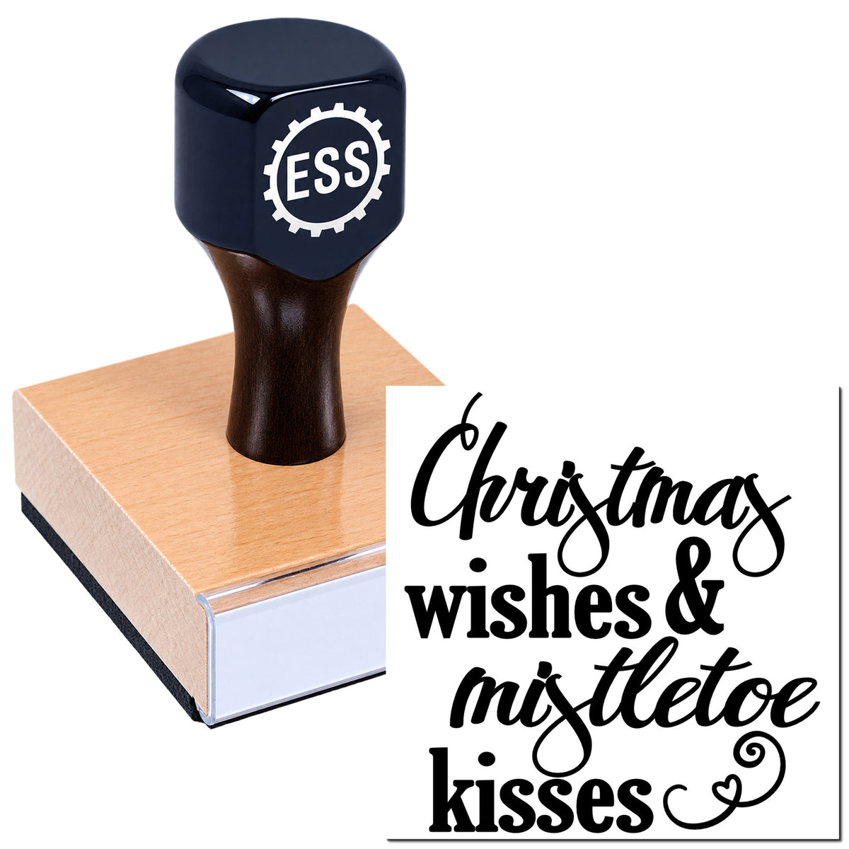 Navy ESS rubber stamp on pink seal block, featuring "Christmas wishes & mistletoe kisses" design on white background.