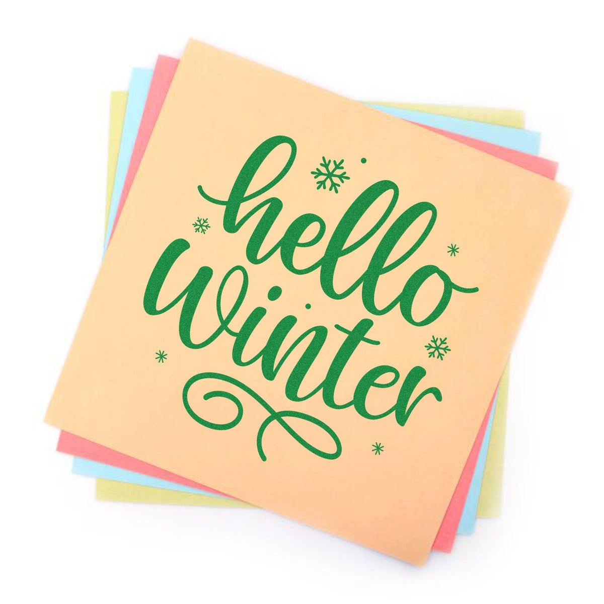 Pastel stamp and seal sheets with green hello winter lettering and snowflakes on peach, blue, pink, and yellow paper.