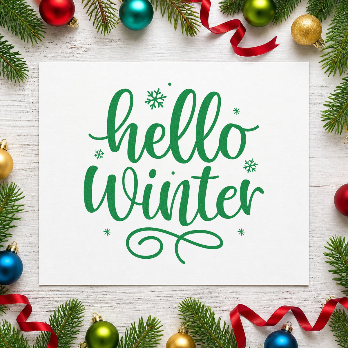 Hello Winter Snowflakes craft stamp imprint in green ink on a handmade project, one idea being menu change tags.