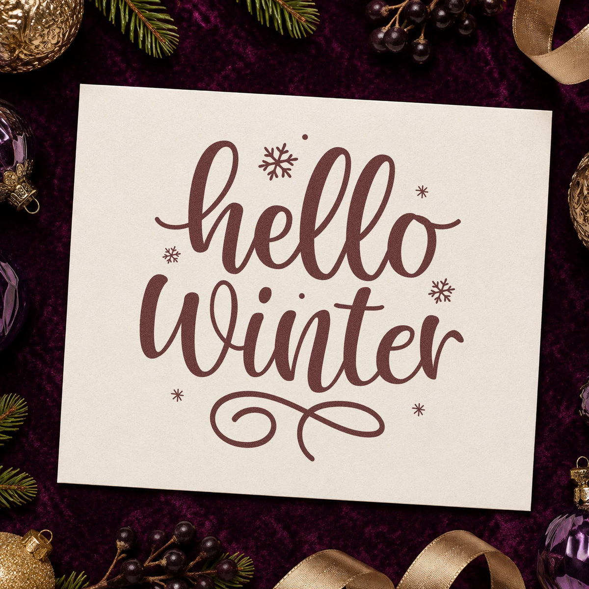 Hello Winter Snowflakes rubber stamp printed in brown ink, ready for special board sheet and similar paper crafts.