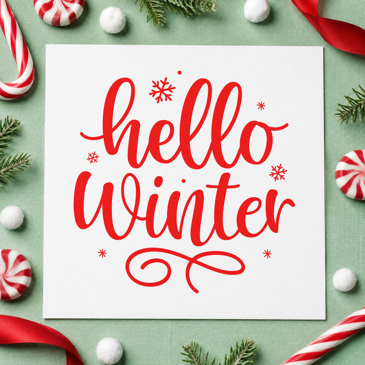 Hello Winter Snowflakes craft stamp in red ink on cardstock, an easy option for barista apron ink.