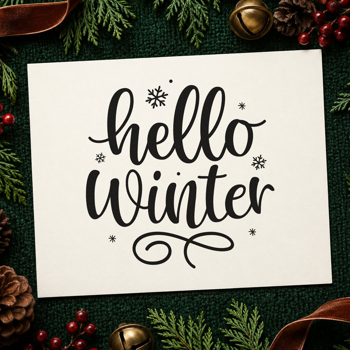 Hello Winter Snowflakes rubber stamp printed in black ink, ready for hello winter cards and similar paper crafts.