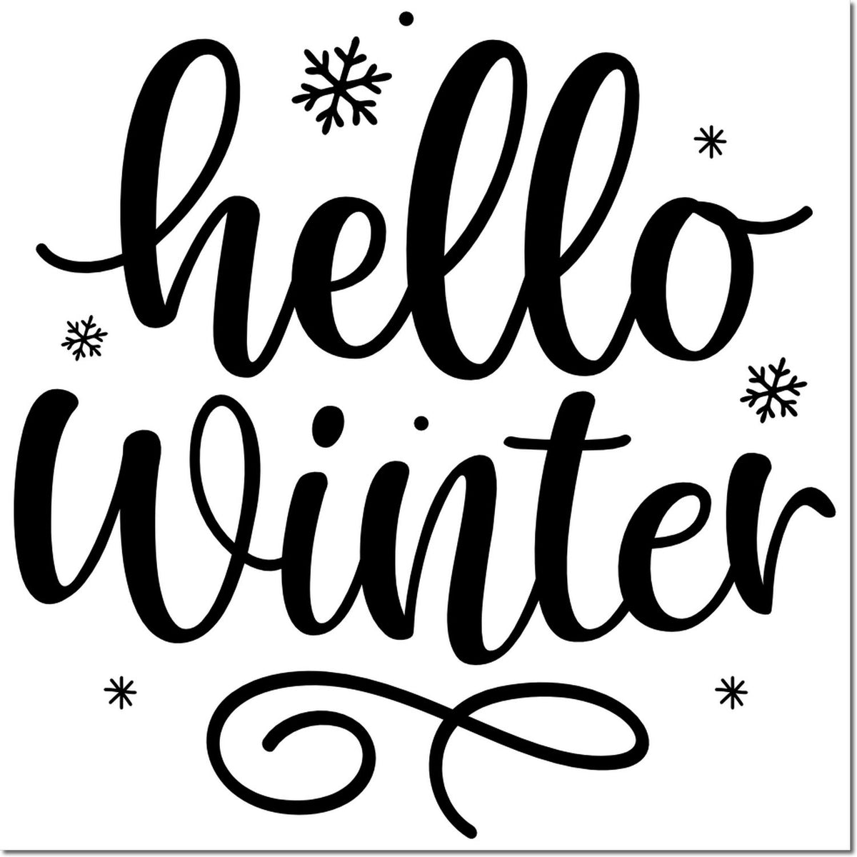 Black hello winter stamp or seal design with snowflakes and decorative swirls on a white background.