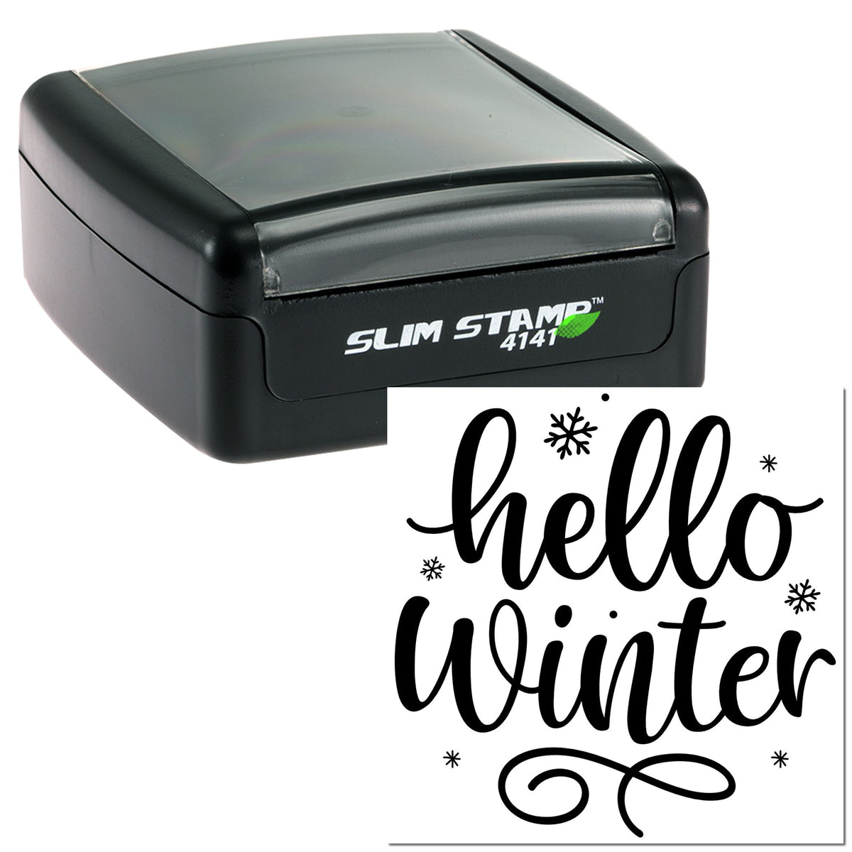 Black self-inking Slim Stamp 4141 with clear top and winter hello seal design in black script with snowflakes.