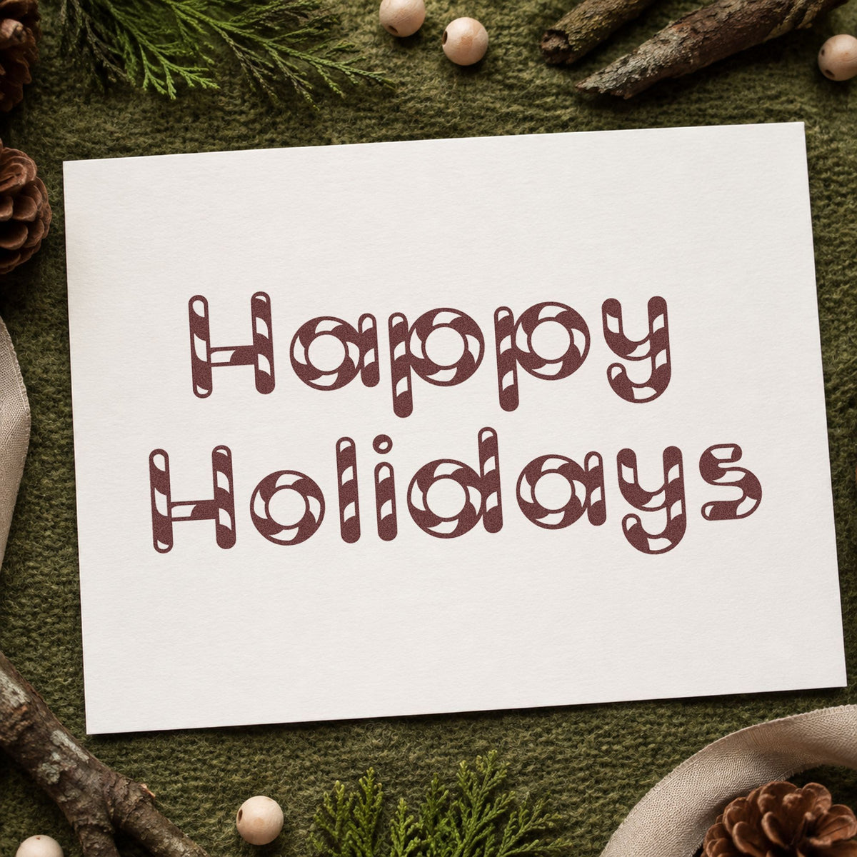 Happy Holidays Patterned Letters rubber stamp printed in brown ink, ready for activity page header and similar paper crafts.