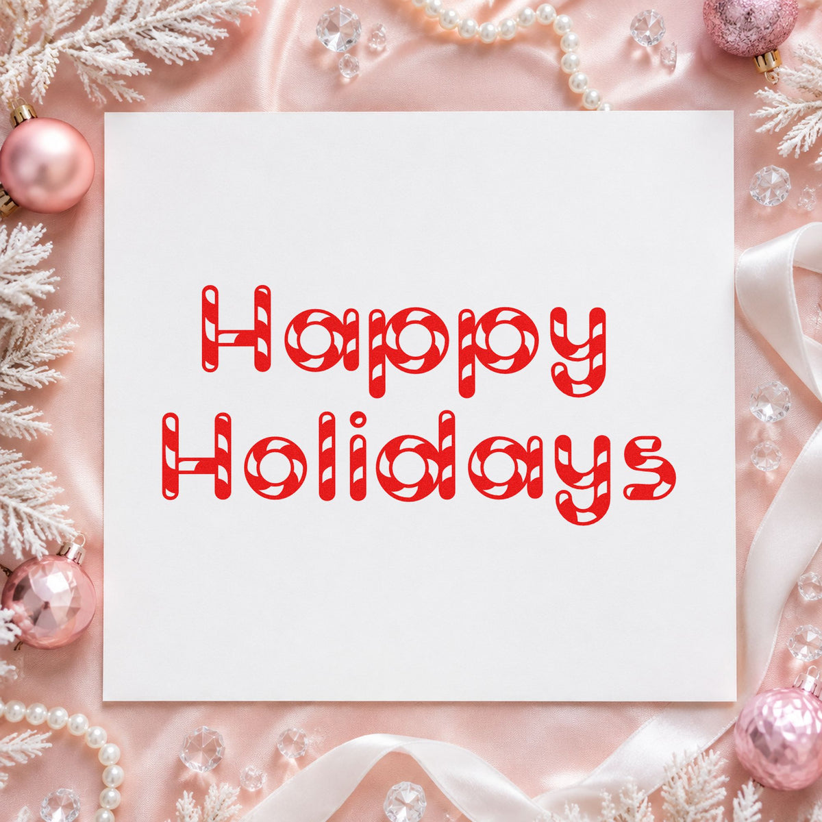 Happy Holidays Patterned Letters craft stamp in red ink on cardstock, an easy option for canvas pouch printing.