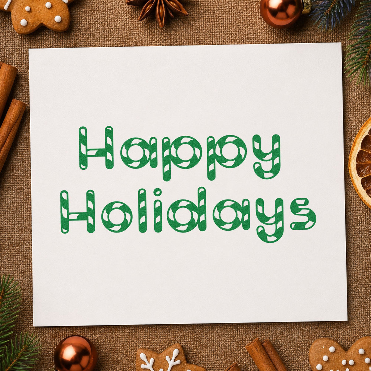 Happy Holidays Patterned Letters craft stamp imprinted in green ink on paper, a design suited to framed kids corner.
