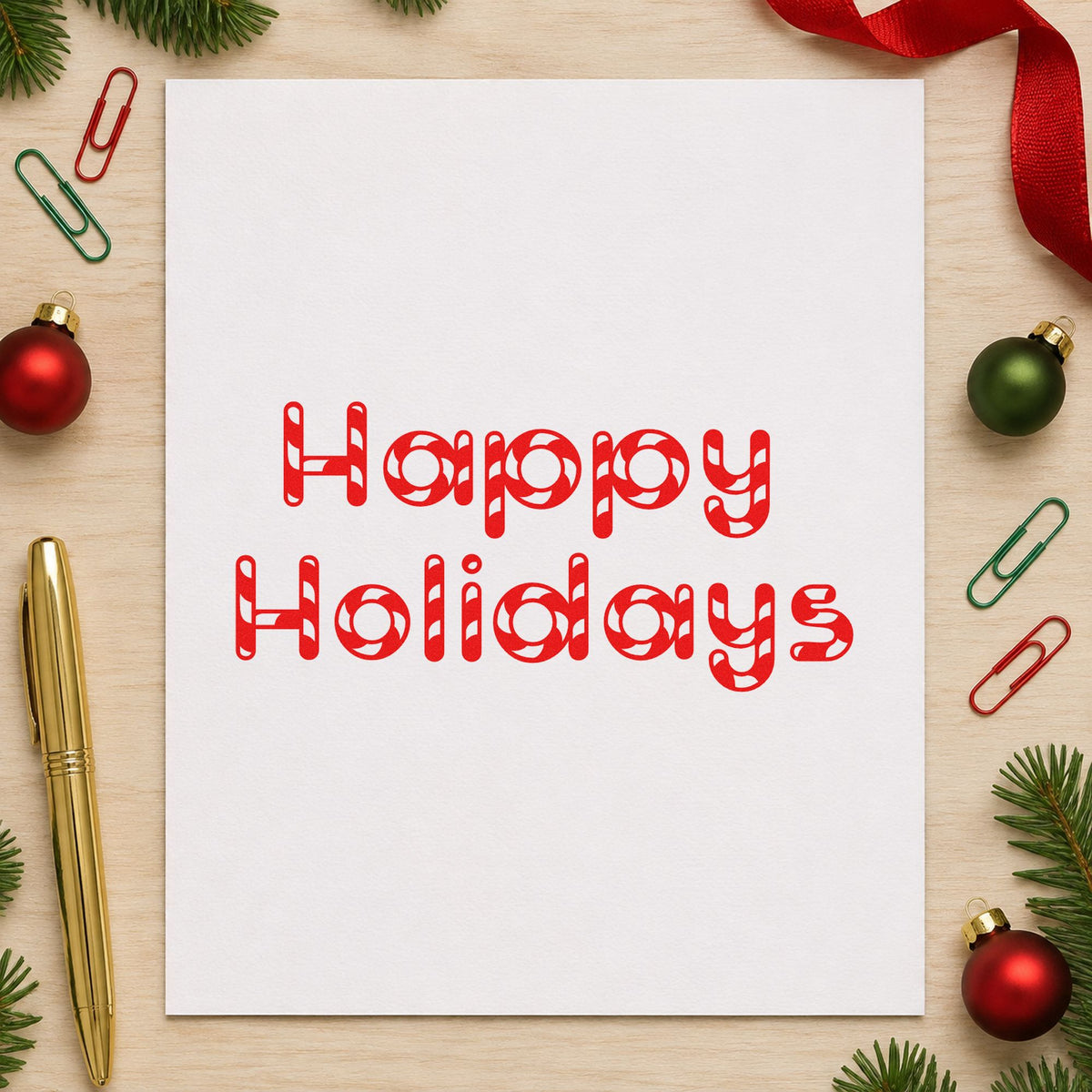 Happy Holidays Patterned Letters rubber stamp shown in red ink, stamped for projects such as crayon box labels.