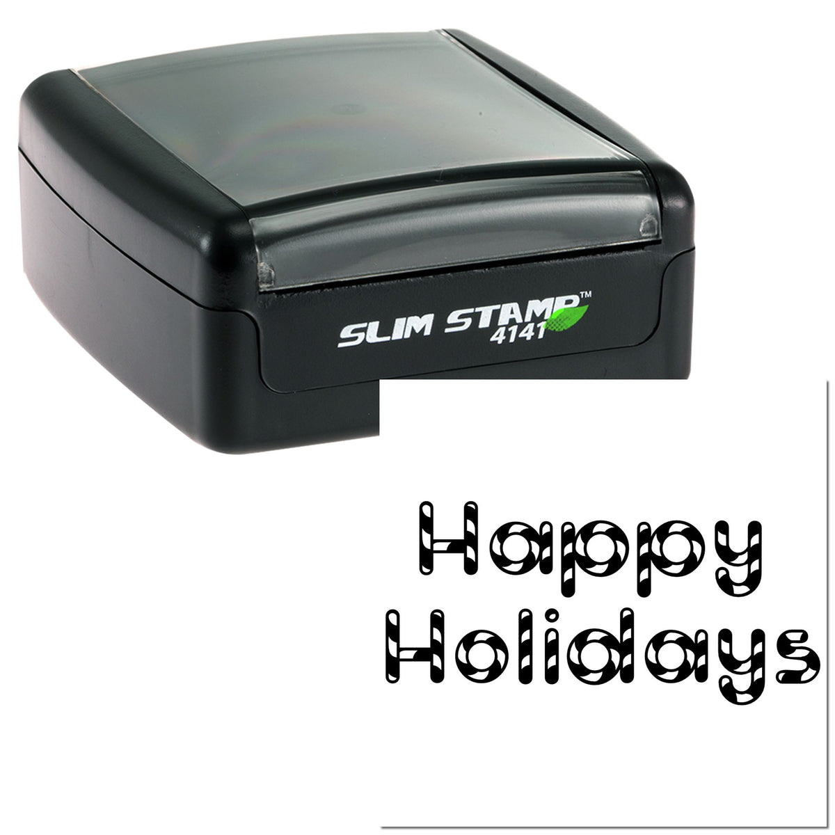 Black self-inking Slim Stamp 4141 with clear top and Happy Holidays imprint on white background.