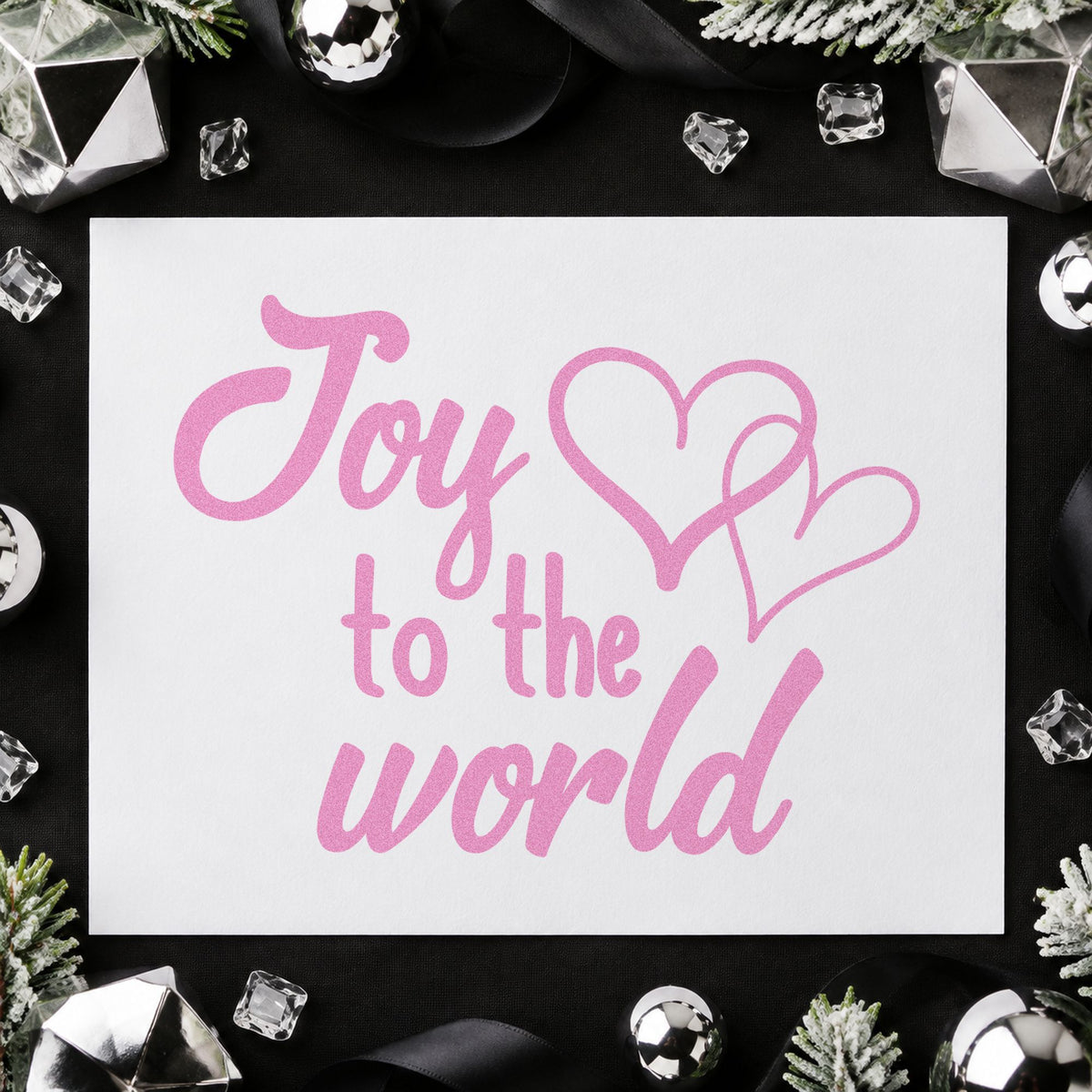 Joy To World Hearts craft stamp in purple ink on cardstock, an easy option for service album page.