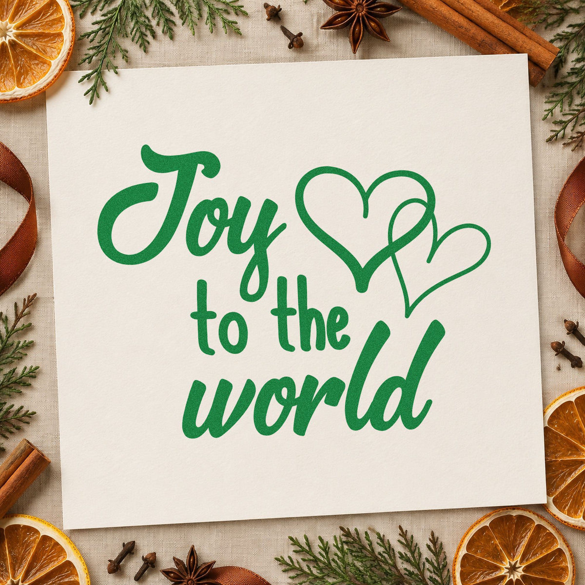 Joy To World Hearts craft stamp imprint in green ink on a handmade project, one idea being benefit concert cards.