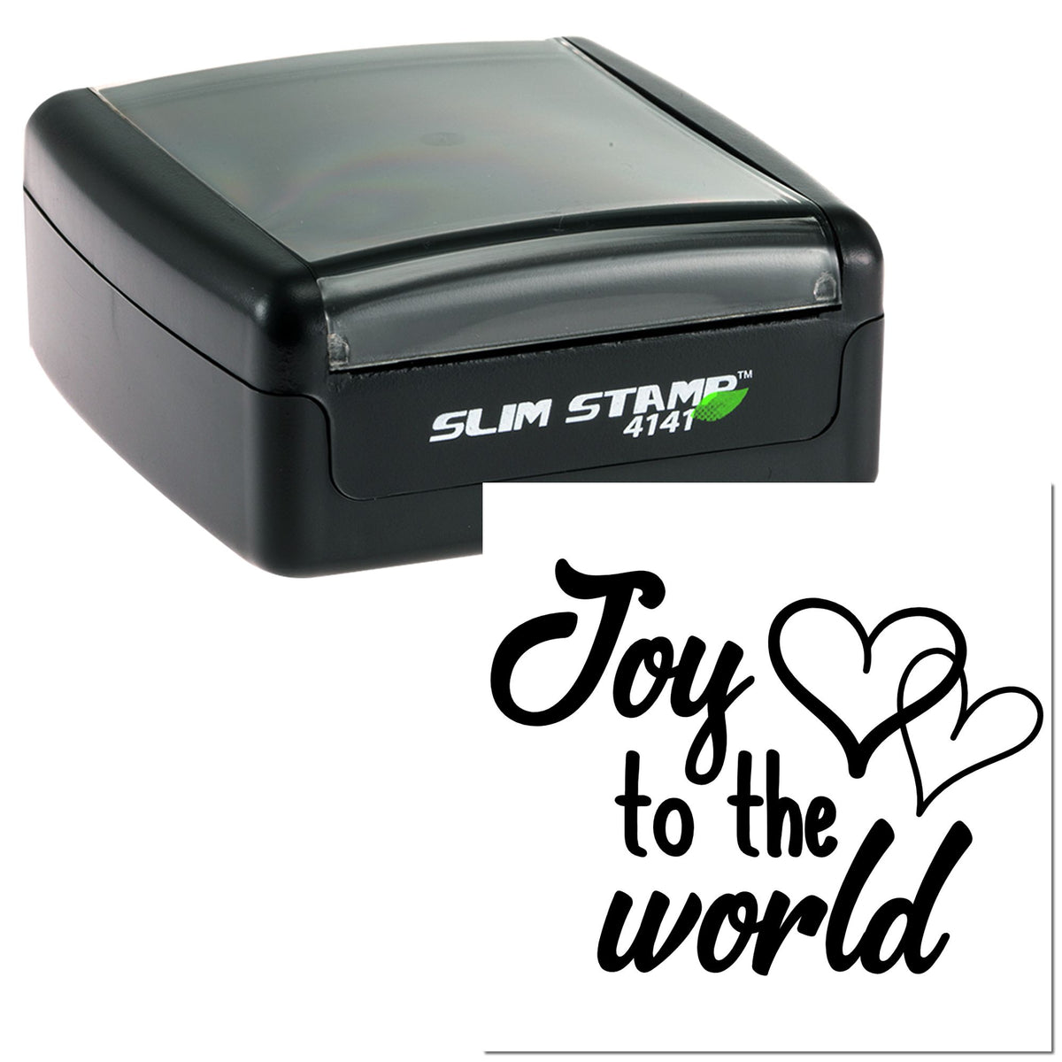 Black Slim Stamp 4141 self-inking seal with Joy to the world heart design on white background.