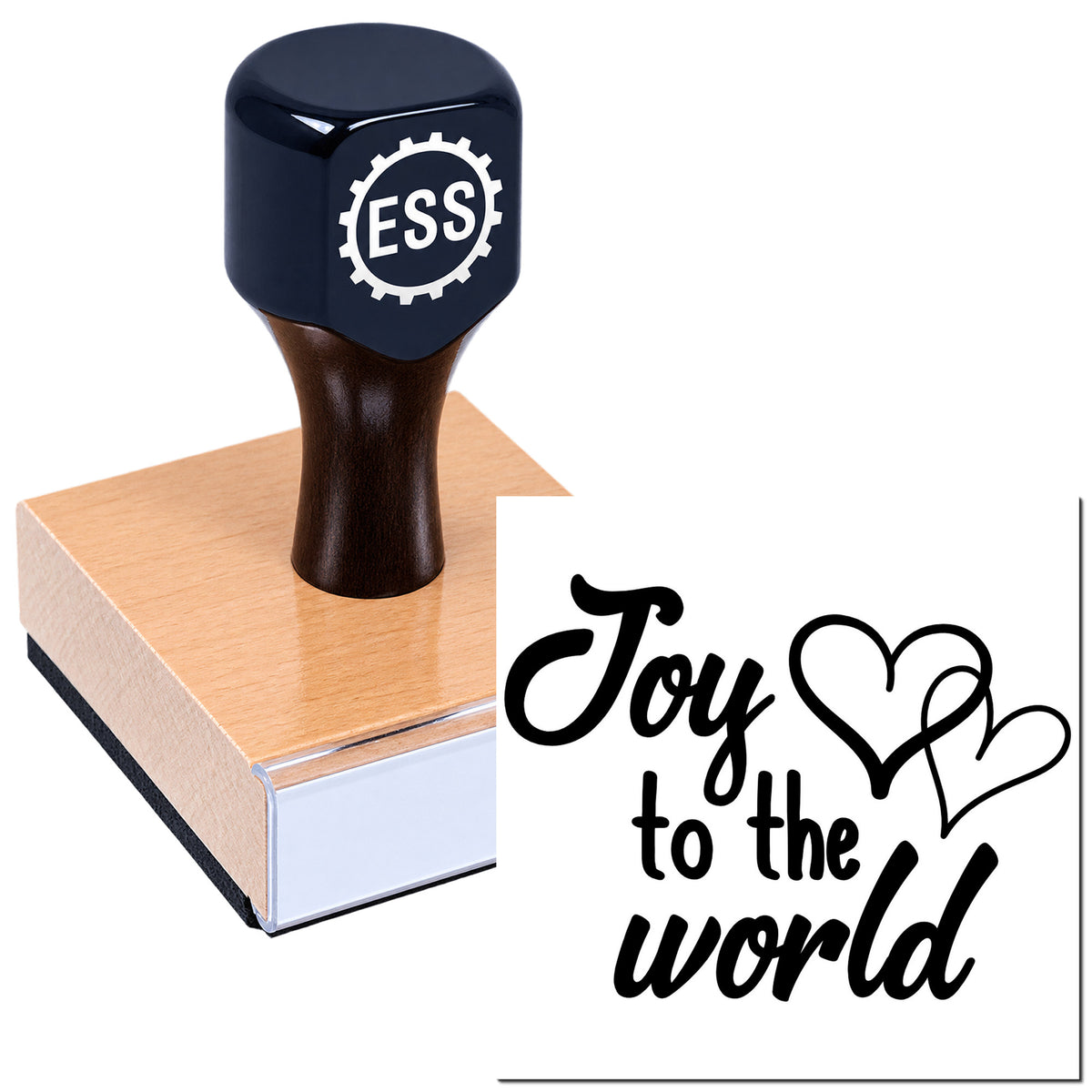 Black ESS stamp on copper seal block with "Joy to the world" script and heart motifs